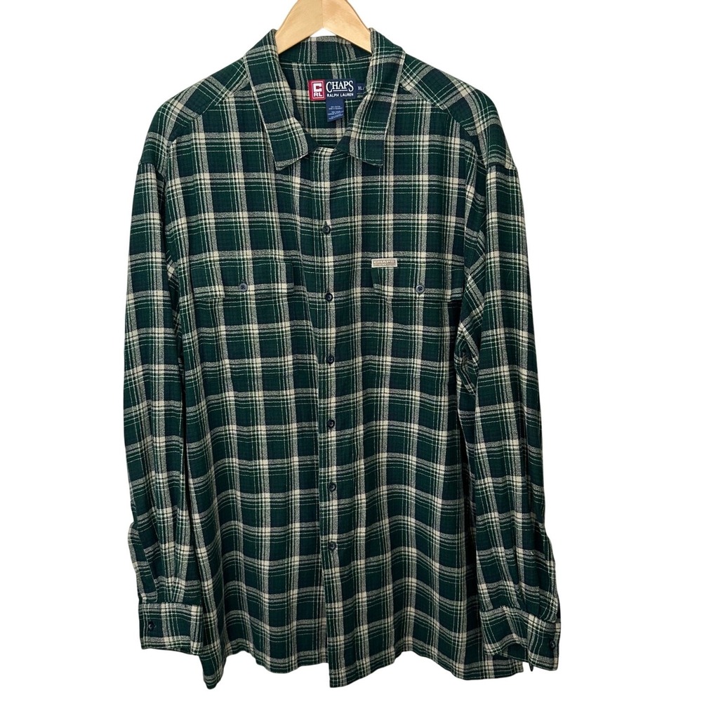 Chaps Ralph Lauren Shirt Mens XL Vintage 90s Long Sleeve Green Plaid Tartan
